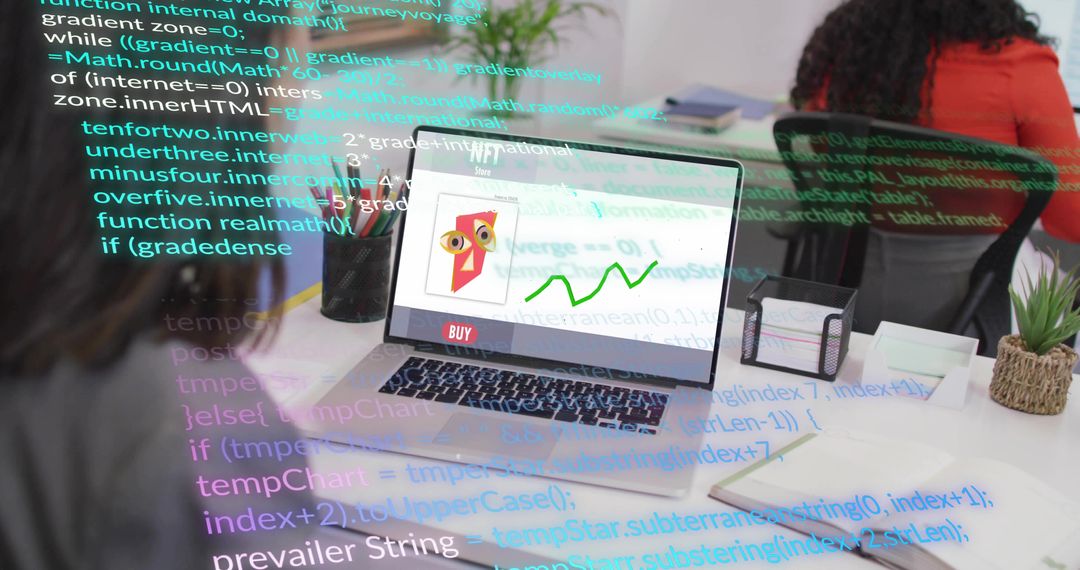 Team analyzing online sales chart on laptop with code overlay in modern office