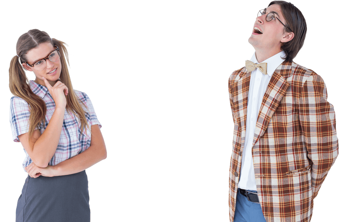 Smiling Caucasian Geeky Couple on Transparent Background