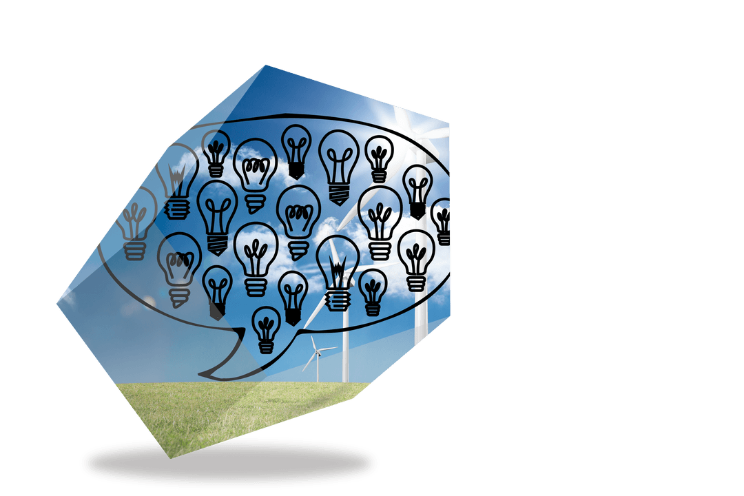 Transparent Light Bulbs in Speech Bubble over Wind Farm Field
