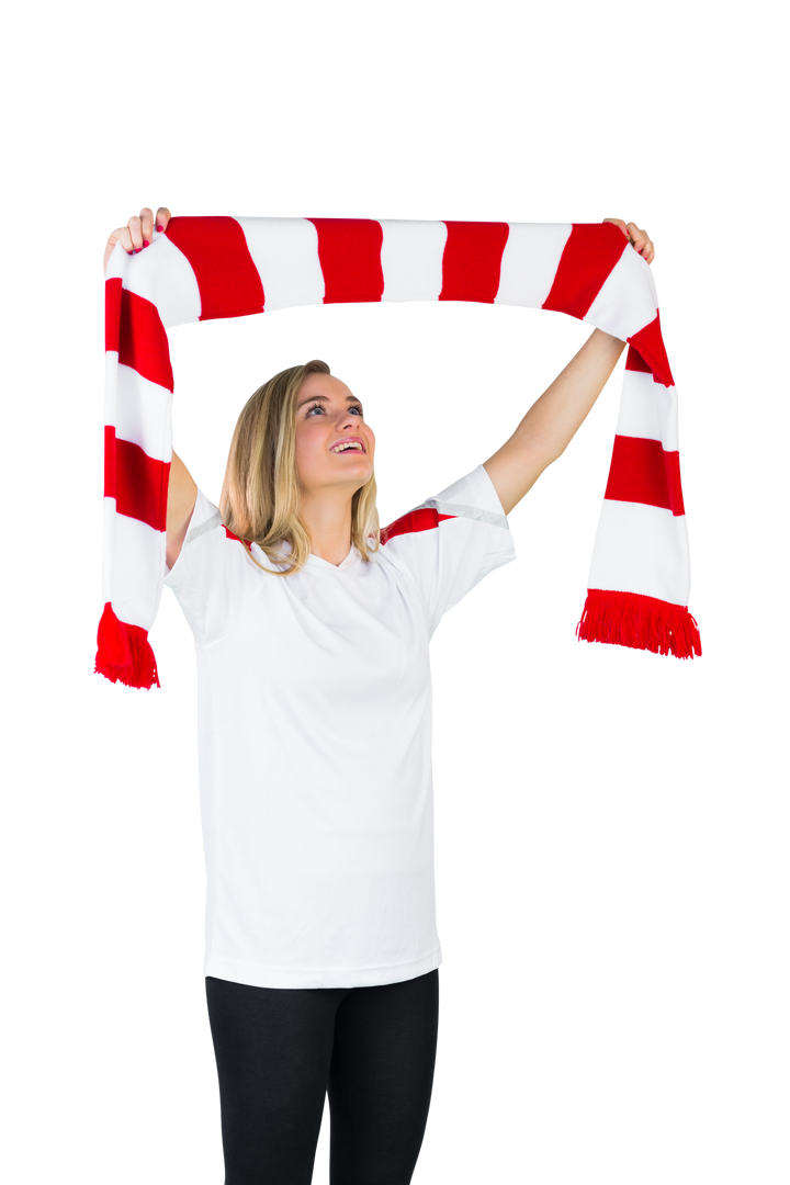 Cheering Football Fan Holding Red and White Striped Scarf on Transparent Background - Download Free Stock Images Pikwizard.com