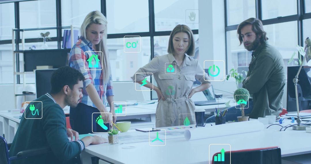 Team Collaborating in Modern Office with Eco-Friendly Technology