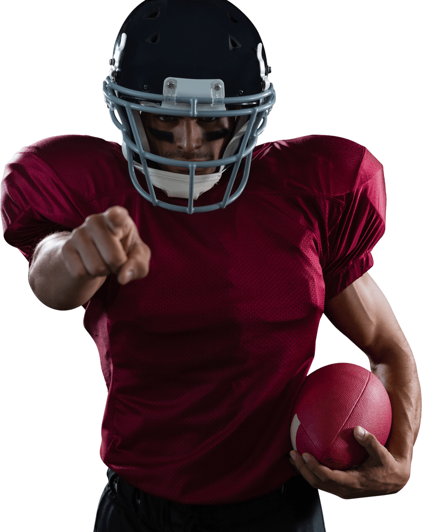 American Football Player in Red Jersey Pointing with Intensity