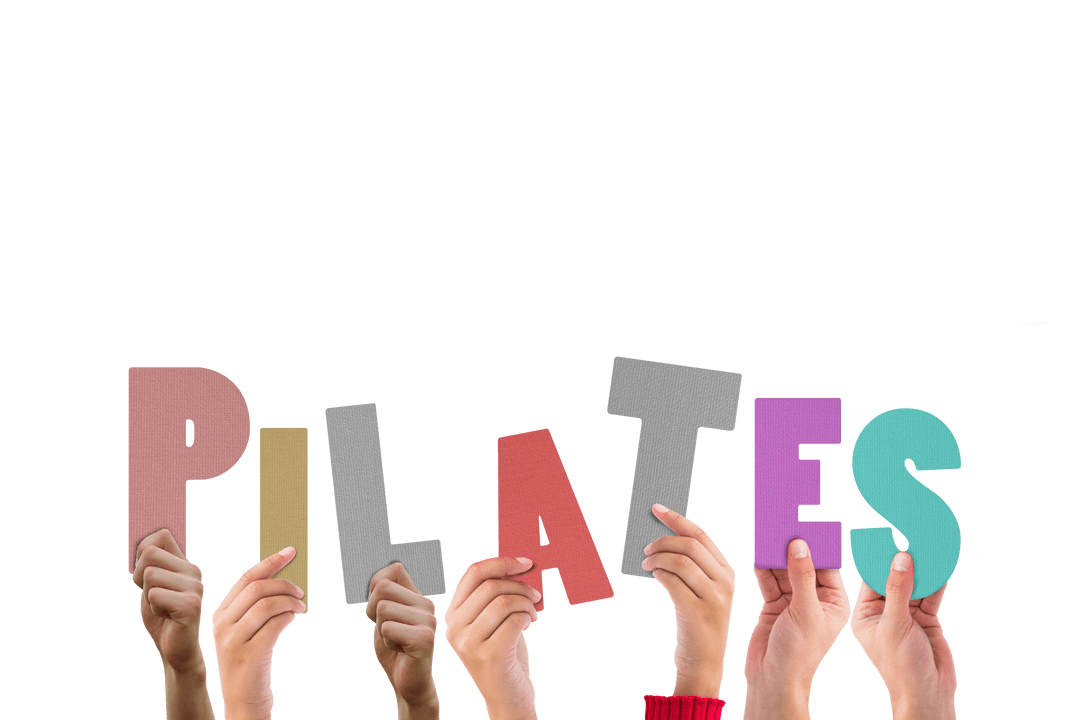 Hands Holding Colorful Pilates Letters on Transparent Background