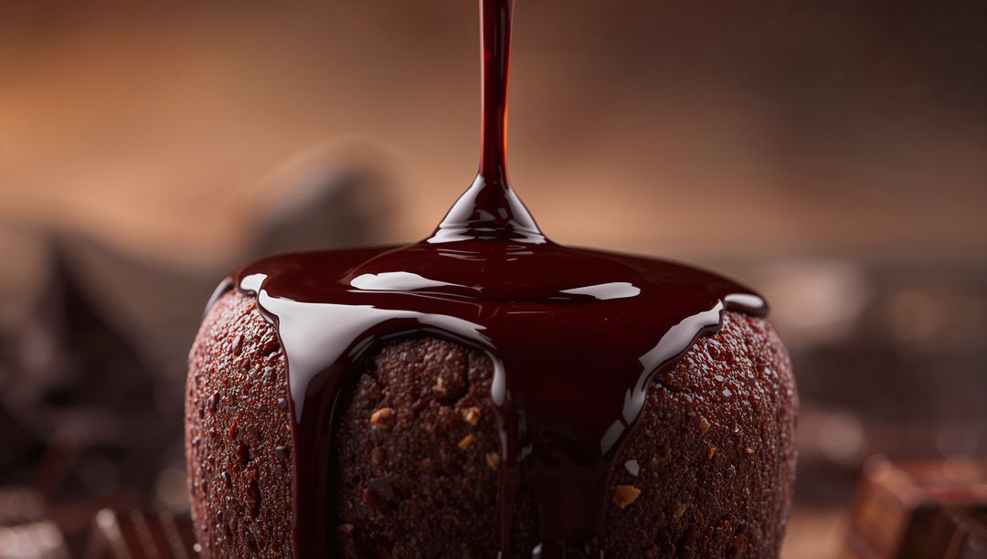 Luxurious Melted Chocolate Pouring Over Round Cake in Studio