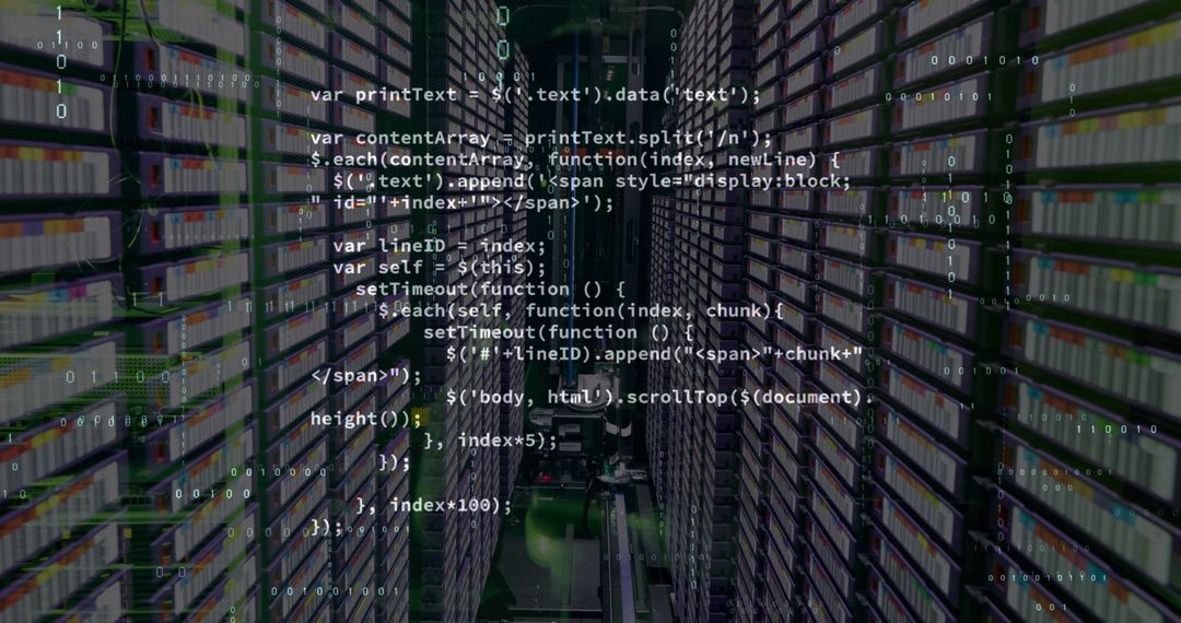 Data Code Flowing Over Modern Server Room Technology