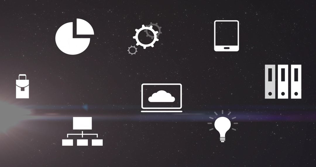 Futuristic cloud computing dashboard featuring glowing laptop and office icons on starfield