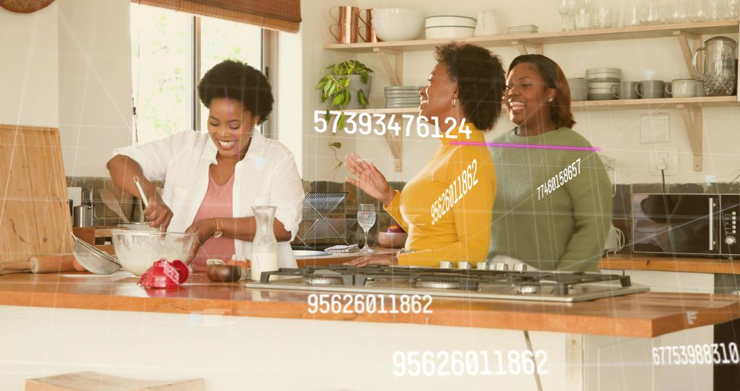 Stirring Mixing and Laughing at Kitchen Island with Cooktop and Recipe Prep