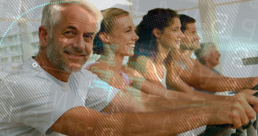 Active Adults Exercising on Cardio Machines with Tech Overlays