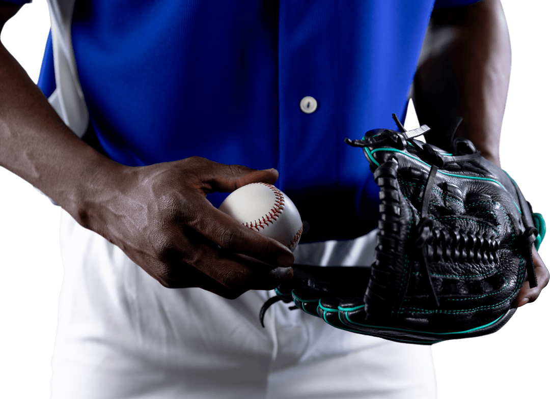 Transparent Baseball Player Holding Baseball and Glove Mid Section View