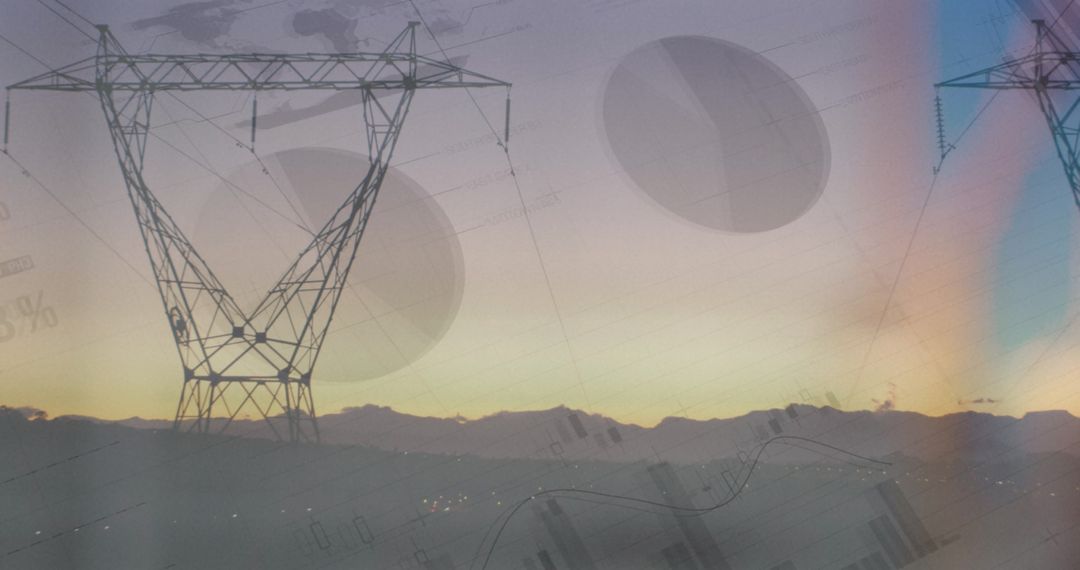 Data Processing Overlay on High Voltage Pylons at Sunset