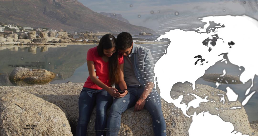 Couple Enjoying Scenic Lake View with Digital Globe Overlay