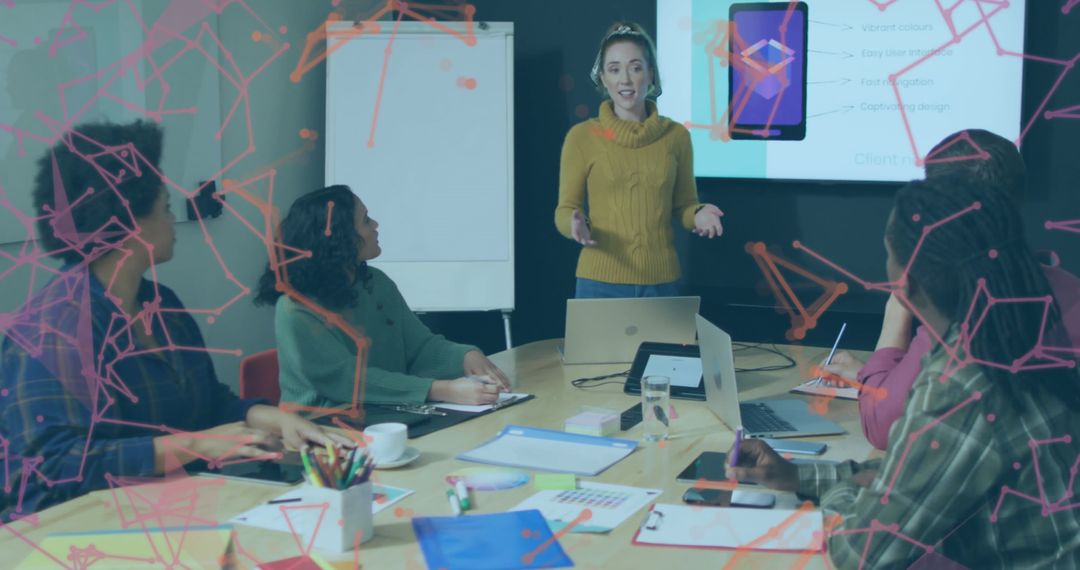 Creative Team Meeting with Futuristic Digital Overlay