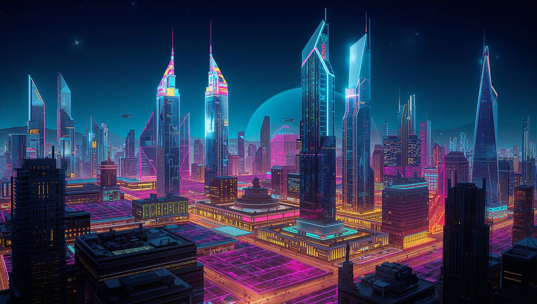 Glowing Neon Cyberpunk Metropolis with Futuristic Skyscrapers and Magenta Grid Nightscape