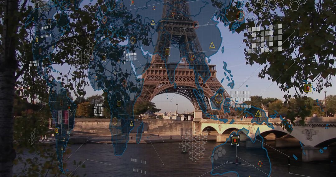 Eiffel Tower and World Map Digital Overlay Combining Urban and Virtual