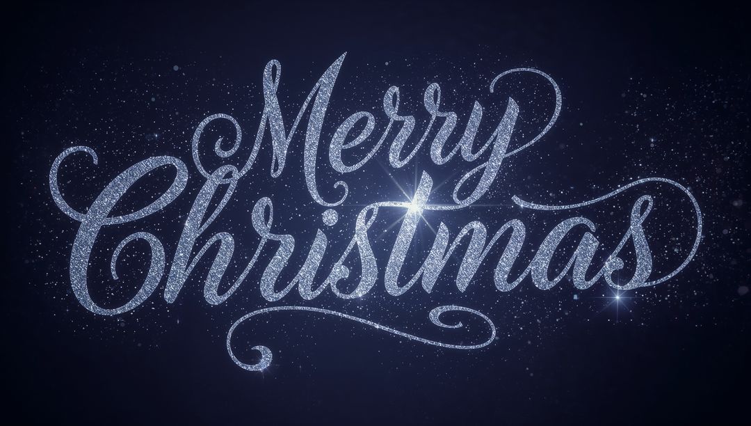 Sparkling Merry Christmas Script in Silver Glitter with Elegant Flourishes, Light Flares