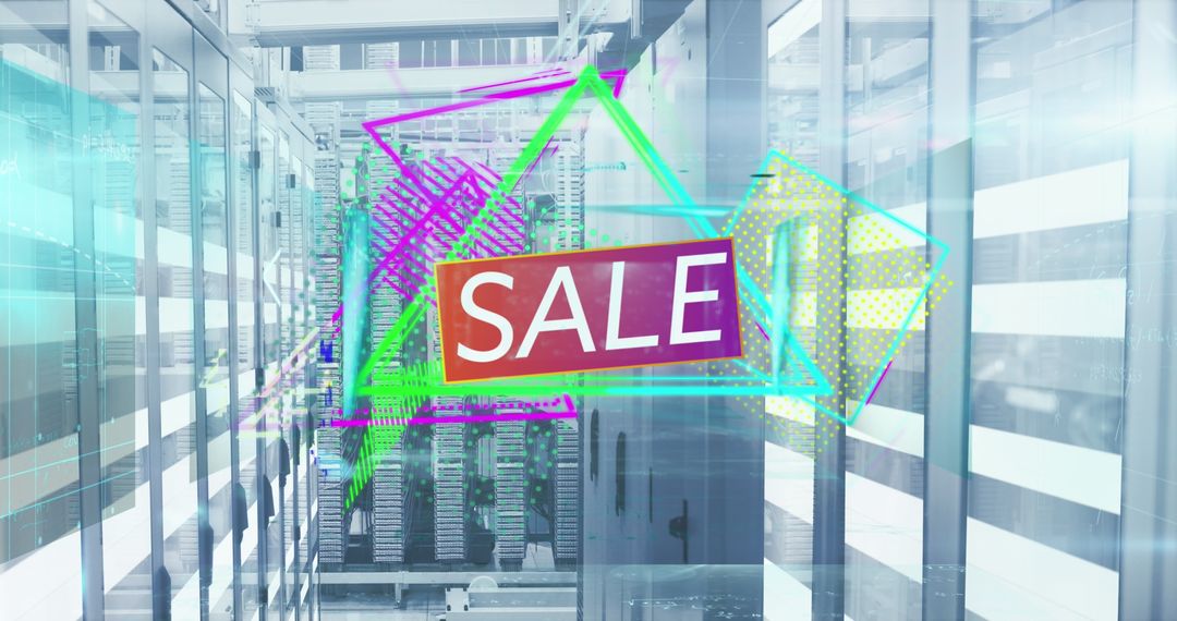 Colorful Sale Banner in Modern Computer Server Room