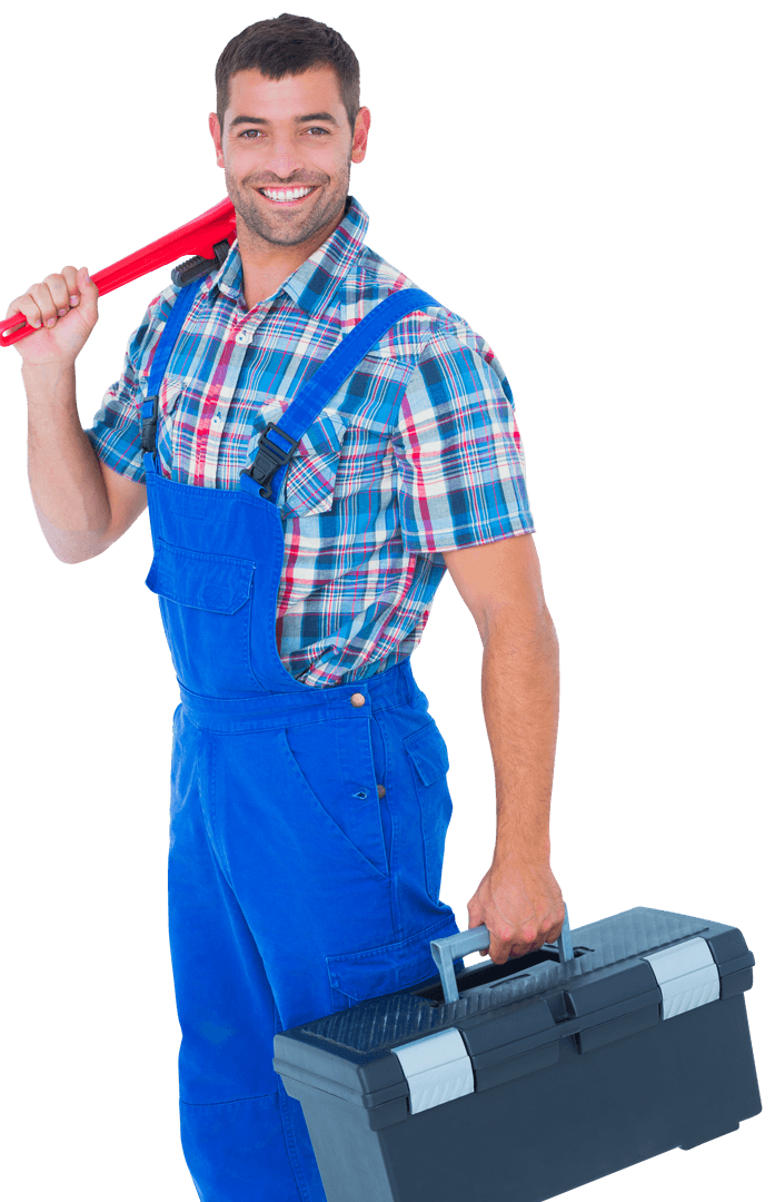 Transparent Portrait of Repairman with Toolbox and Monkey Wrench