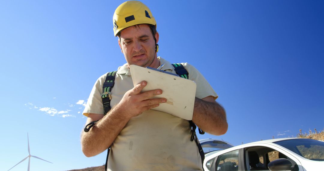 Engineer Conducting Wind Turbine Maintenance on Tablet - Free Images, Stock Photos and Pictures on Pikwizard.com