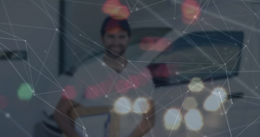 Musician in Studio with Digital Network Overlay and Energetic Bokeh