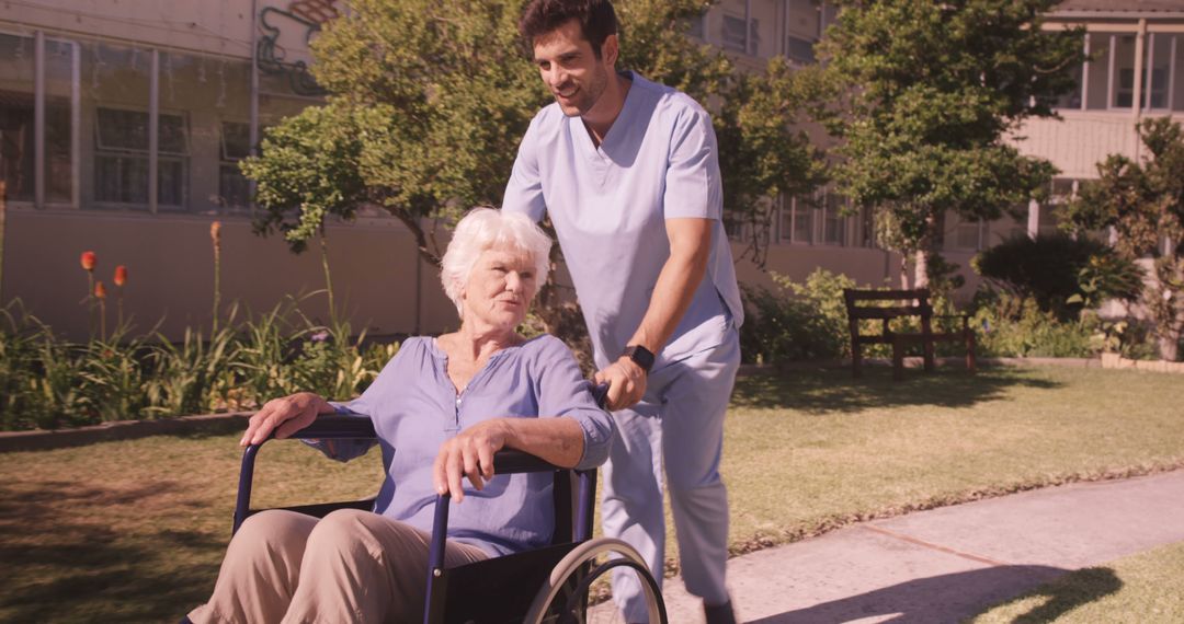 Nurse Caring for Elderly Woman in Wheelchair Outdoors - Free Images, Stock Photos and Pictures on Pikwizard.com