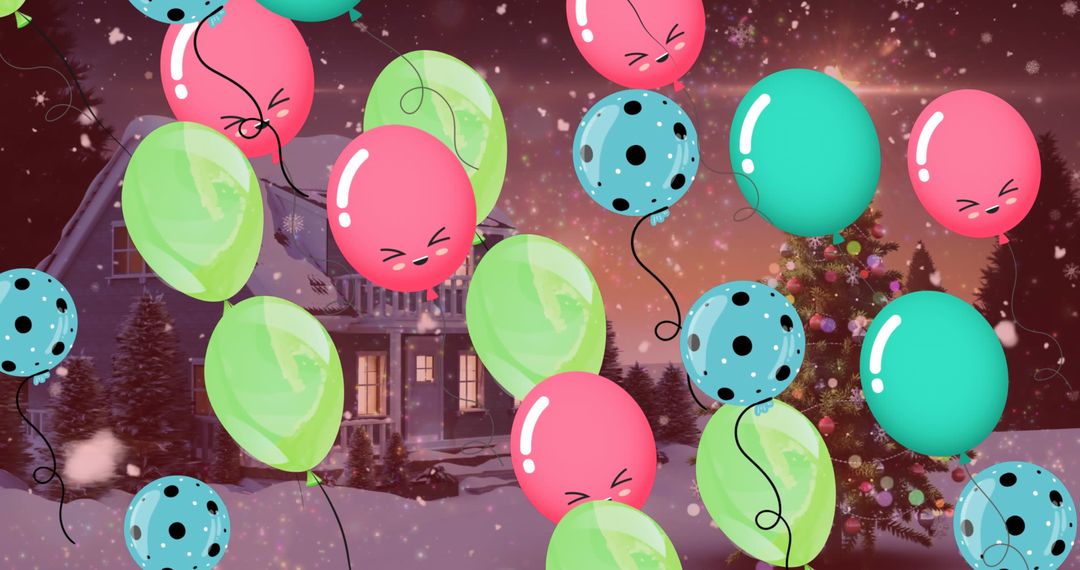 Festive Balloons Float Over Snowy Winter Wonderland