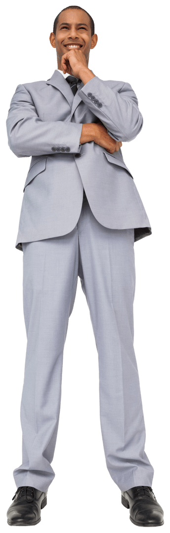 Happy Biracial Businessman in Light Gray Suit on Transparent Background