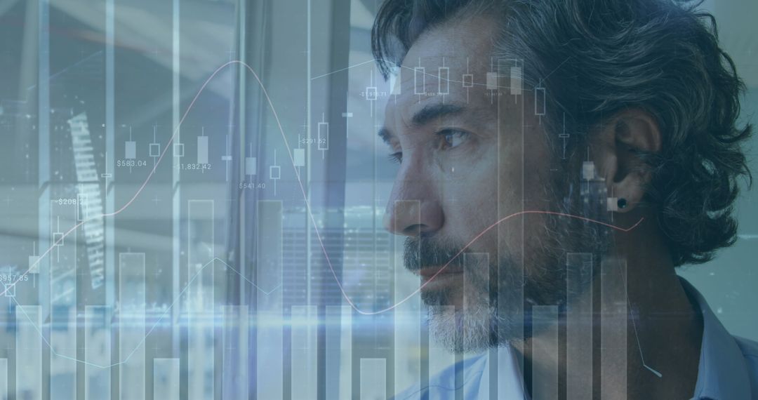 Caucasian Businessman Analyzing Data Overlay in Office Environment