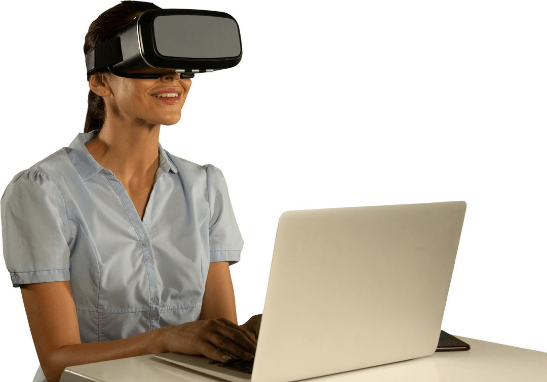 Woman Wearing Virtual Reality Headset Working on Laptop Transparent Background