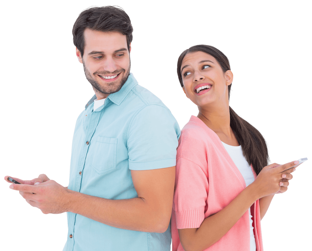 Joyful Couple Messaging on Smartphones Transparent Background