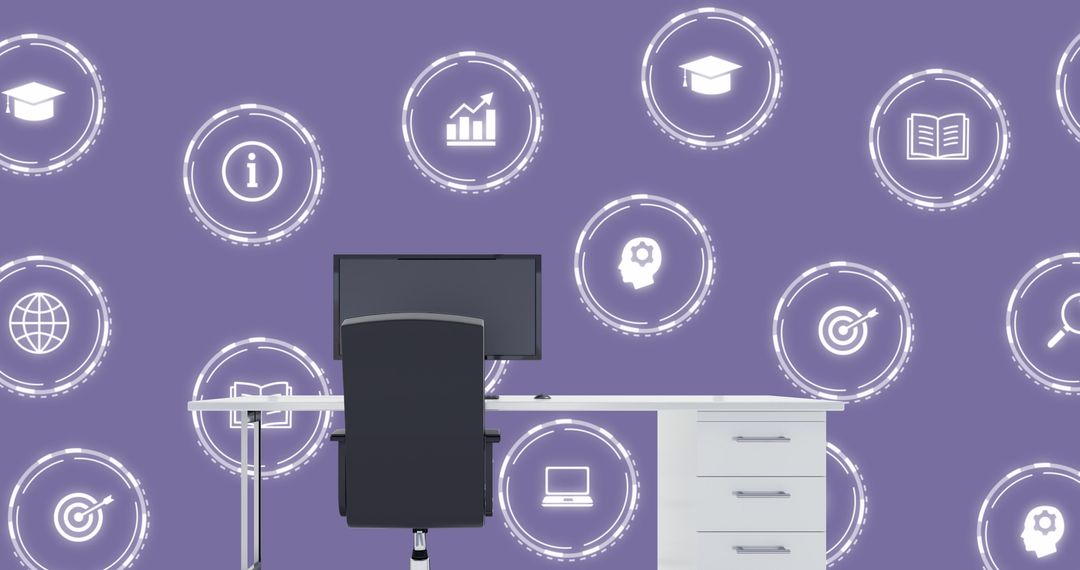 Modern Office Desk with Futuristic Digital Interface Icons on Background