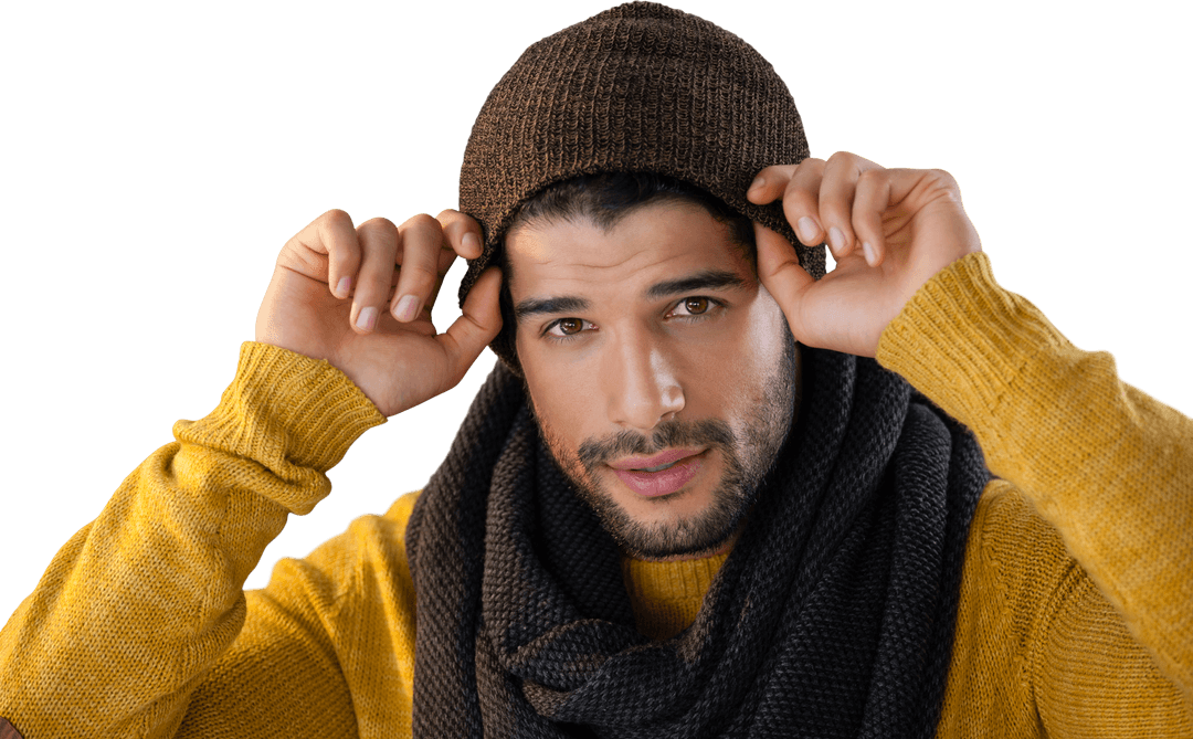 Stylish Man Adjusting Wool Hat on Transparent Background