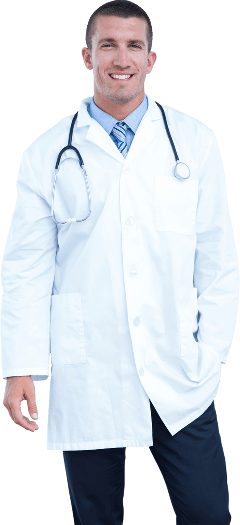 Smiling Male Doctor in Transparent Background Wearing White Coat