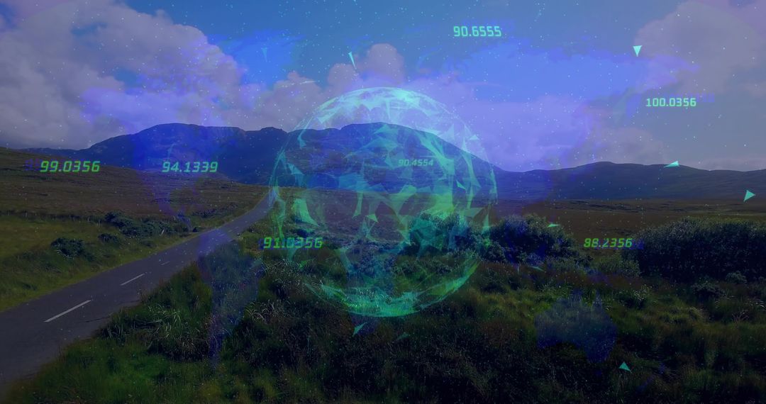 Futuristic Holographic Globe Over Remote Moorland Landscape