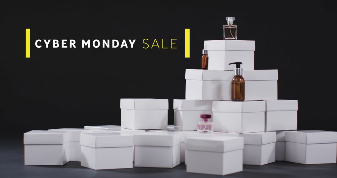 Cyber Monday Sale with Stacked Gift Boxes and Cosmetics