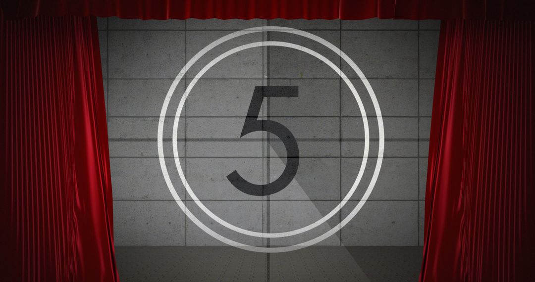 Countdown Number 5 on Theater Screen with Red Curtains