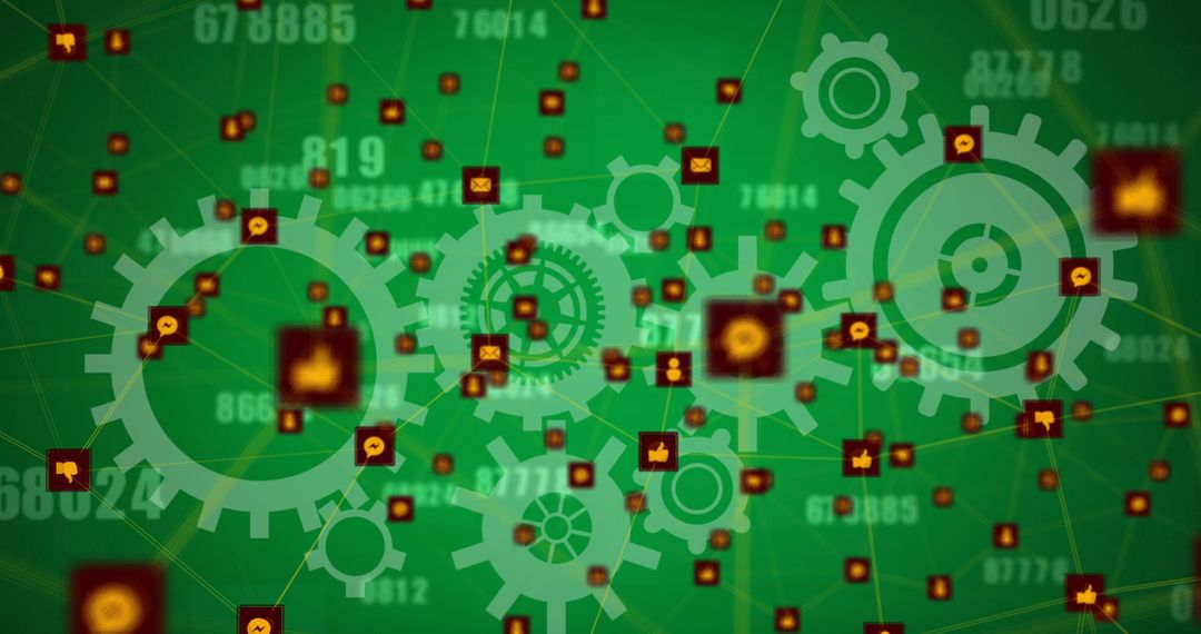 Futuristic Data Network with Cogs and Digital Icons