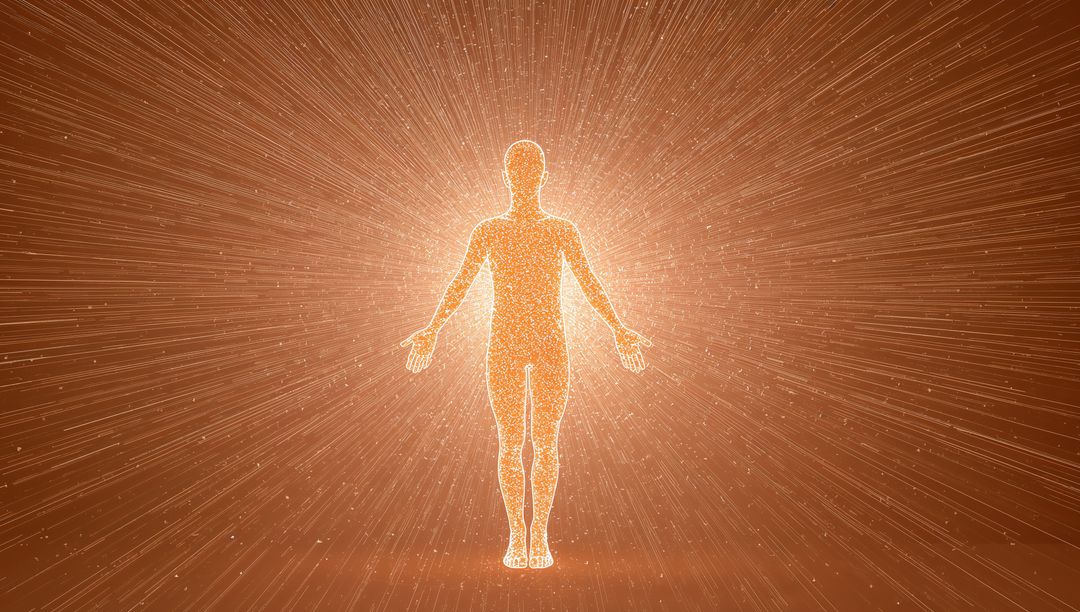 Glowing Human Silhouette Radiating Golden Particles and Light Rays for Energy Technology