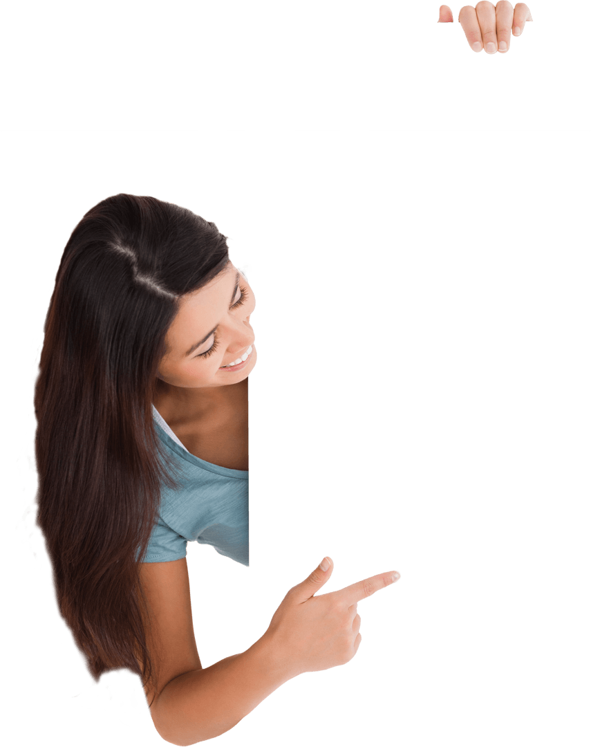 Smiling Woman Pointing to Blank Transparent Card