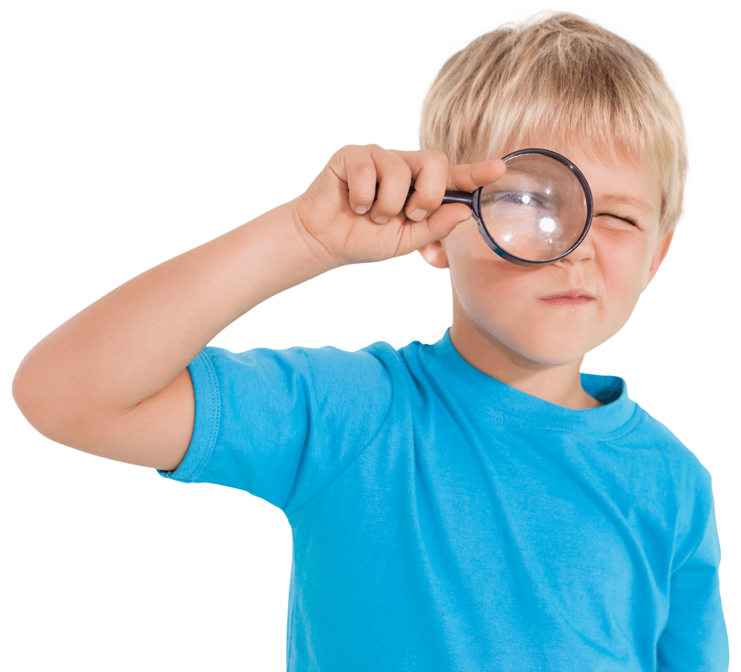 Curious Boy Exploring with Magnifying Glass on Transparent Background