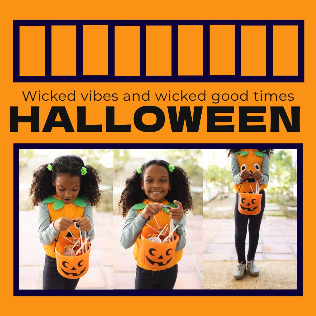 Joyful Halloween Festivities with Smiling Girl and Candy Bucket