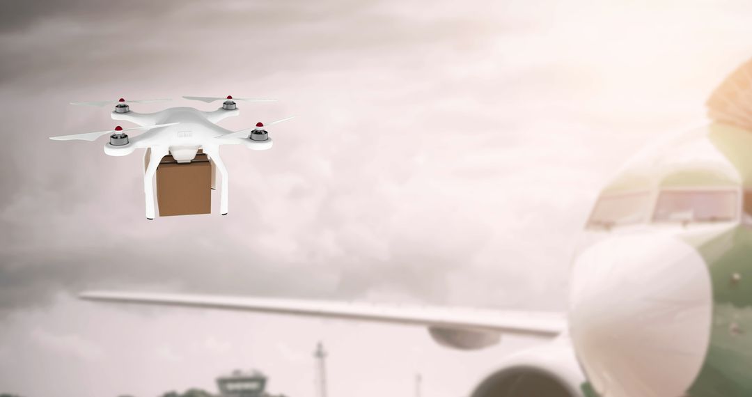 Drone Delivery Box Flying by Airplane in Cloudy Sky