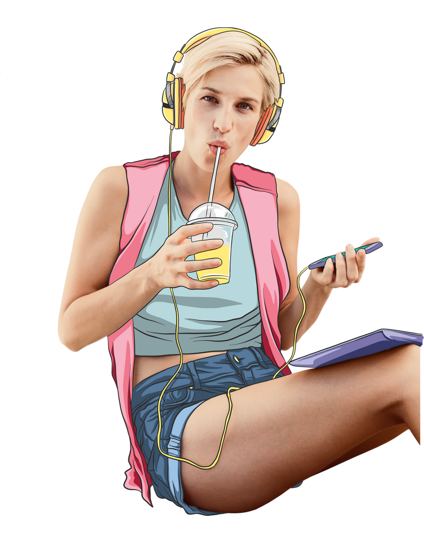 Transparent Illustration Woman Listening Music While Drinking Juice - Download Free Stock Images Pikwizard.com