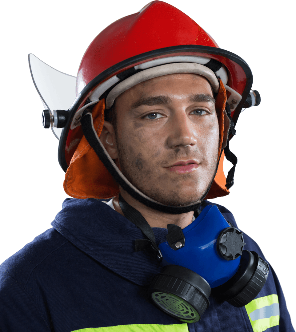 Caucasian Fireman With Helmet and Respirator Transparent Portrait