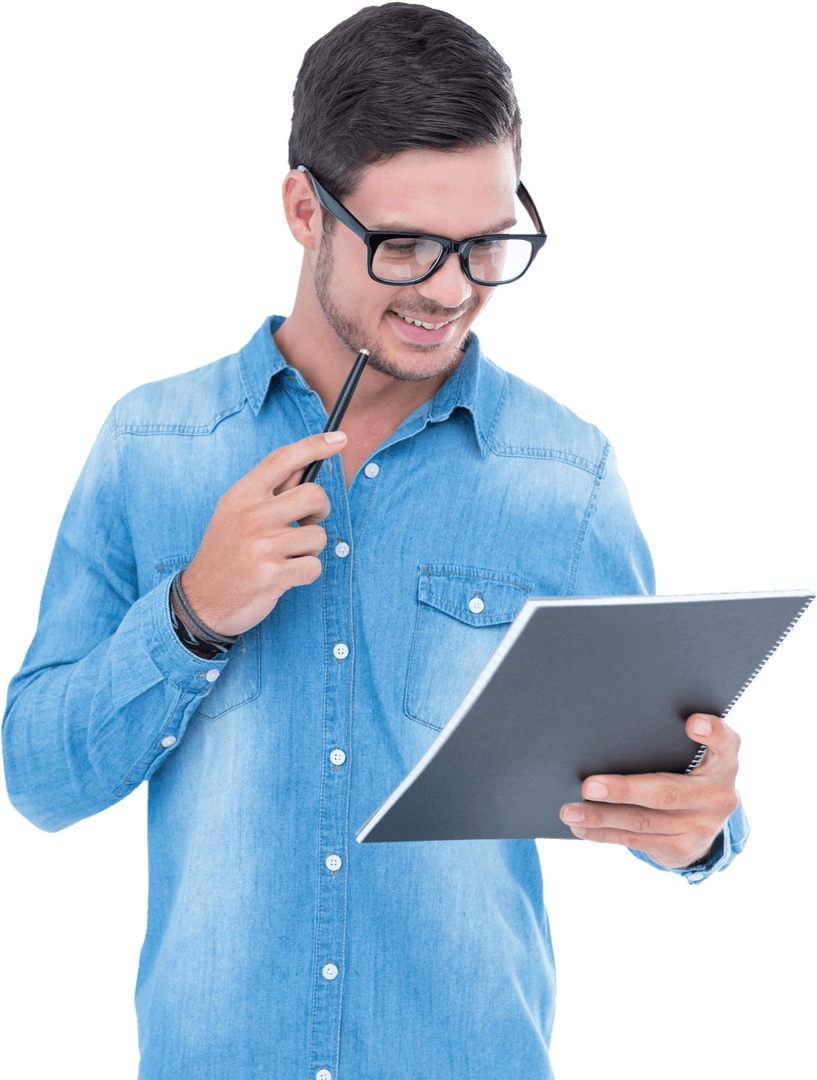 Transparent Young Man in Denim Reading Notebook Smiling