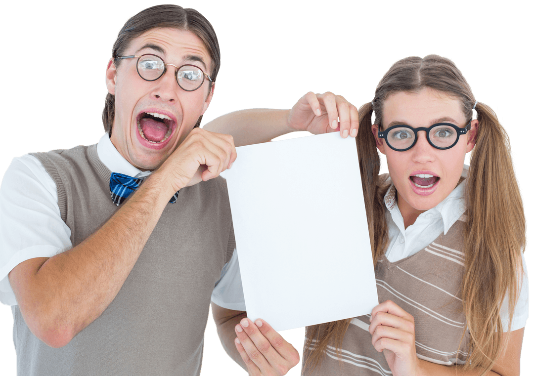 Transparent Enthusiastic Hipster Nerds Presenting Blank Page