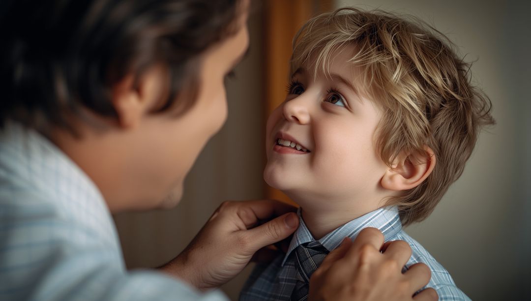 Father Positioning Son’s Necktie in Home Setting
