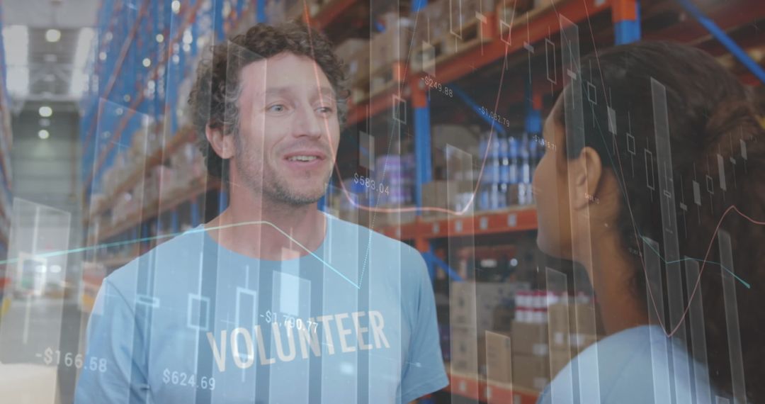 Smiling Volunteers with Data Overlay in Modern Warehouse