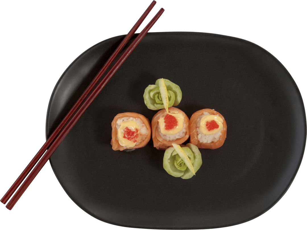 Transparent Japanese Sushi Rolls on Elegant Black Plate with Chopsticks