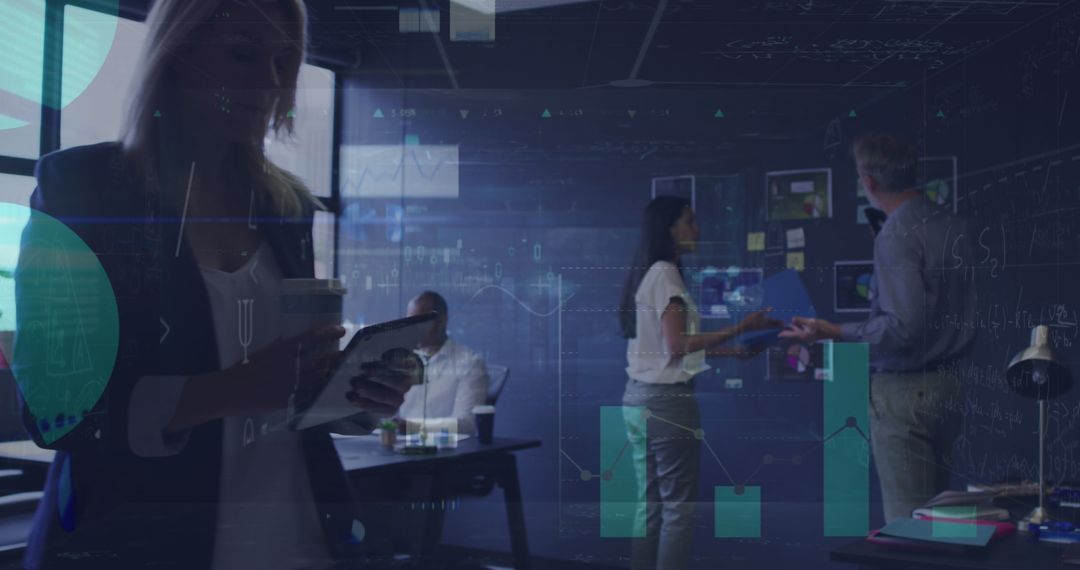 Financial Analysts Collaborating in Modern Office with Data Visualizations