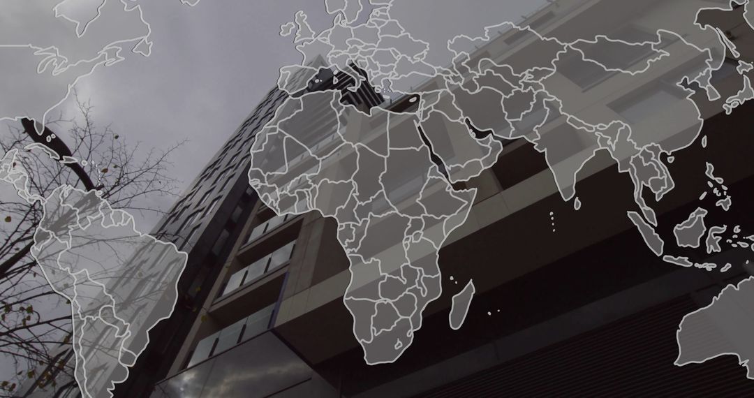 Modern Cityscape with Digital World Map Overlay